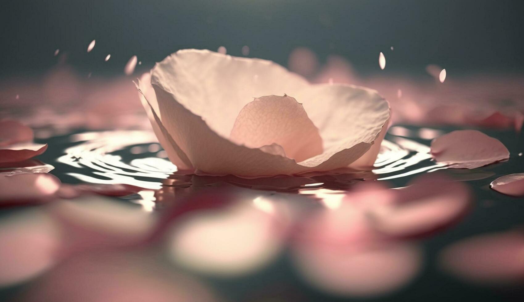 Frais rose pétale beauté reflète sur tranquille l'eau généré par ai photo