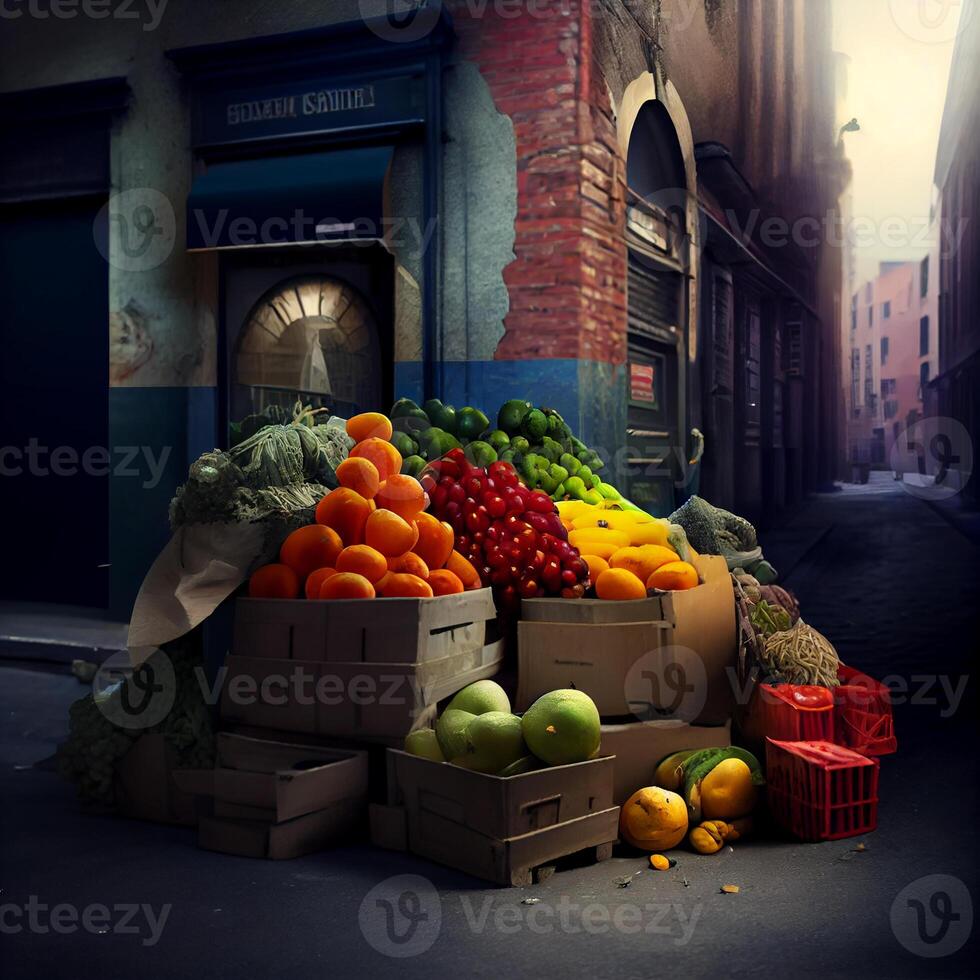 des fruits et des légumes boutique dans le ruelle ,génératif ai photo