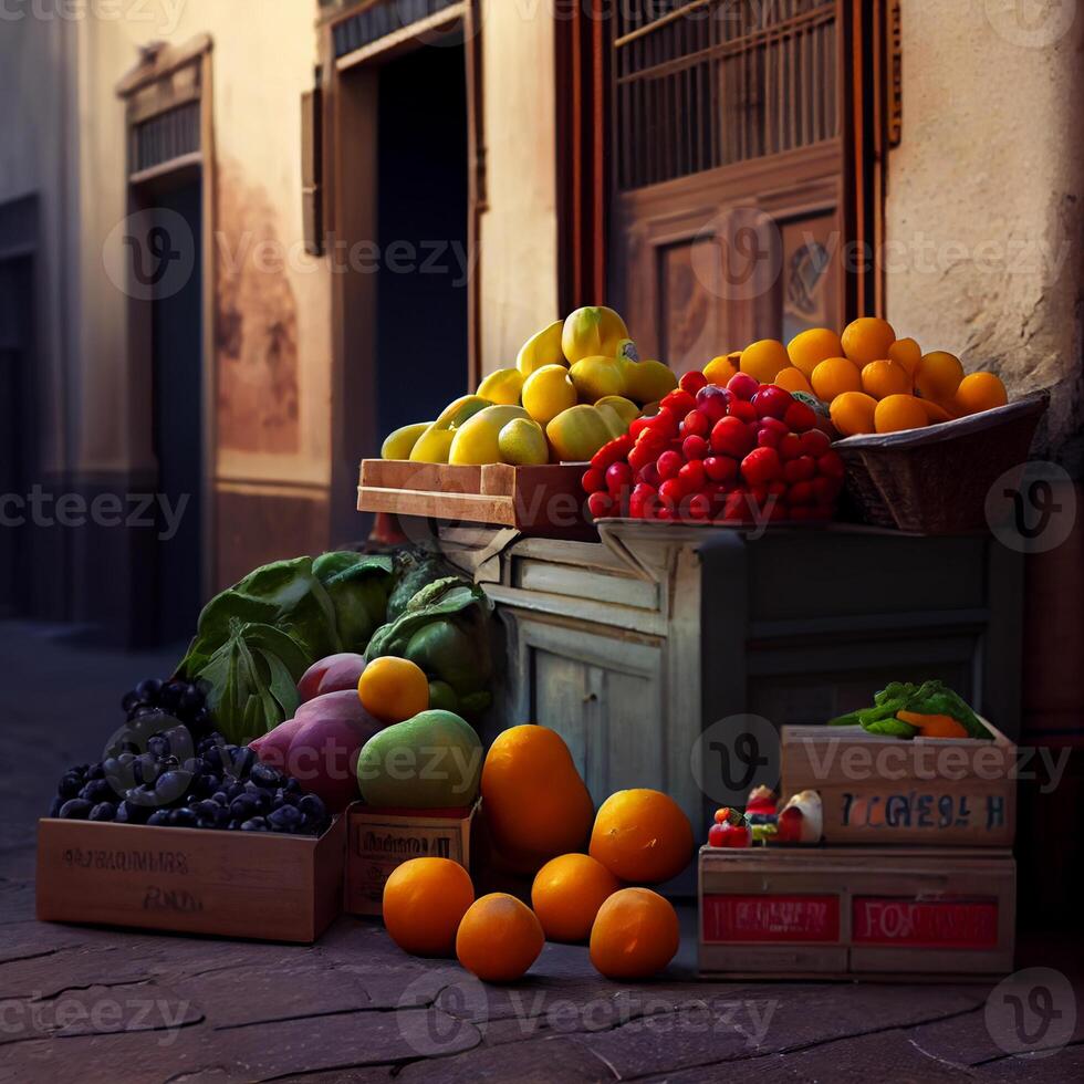 des fruits et des légumes boutique dans le rue scène ,génératif ai photo