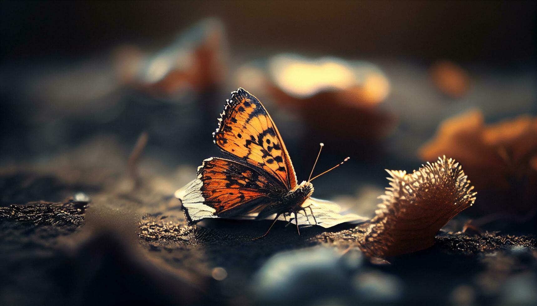 magnifique papillon avec sec feuilles scène ,génératif ai photo