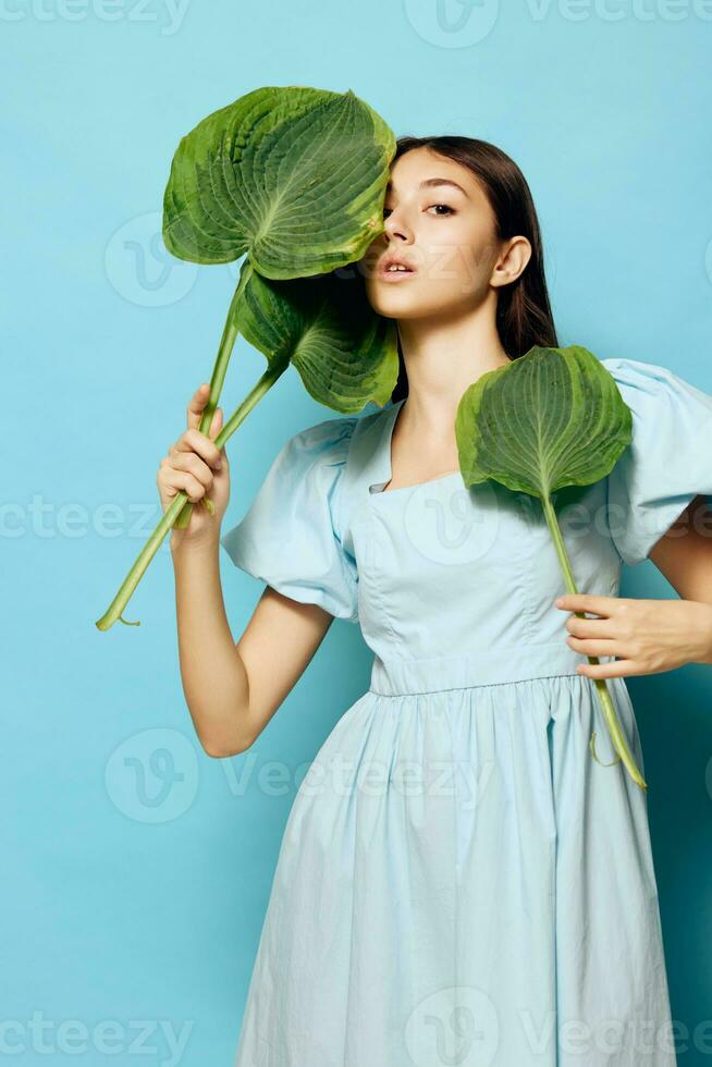 femme paume studio rose beauté feuille Jeune ancien cosmétique bleu sourire photo