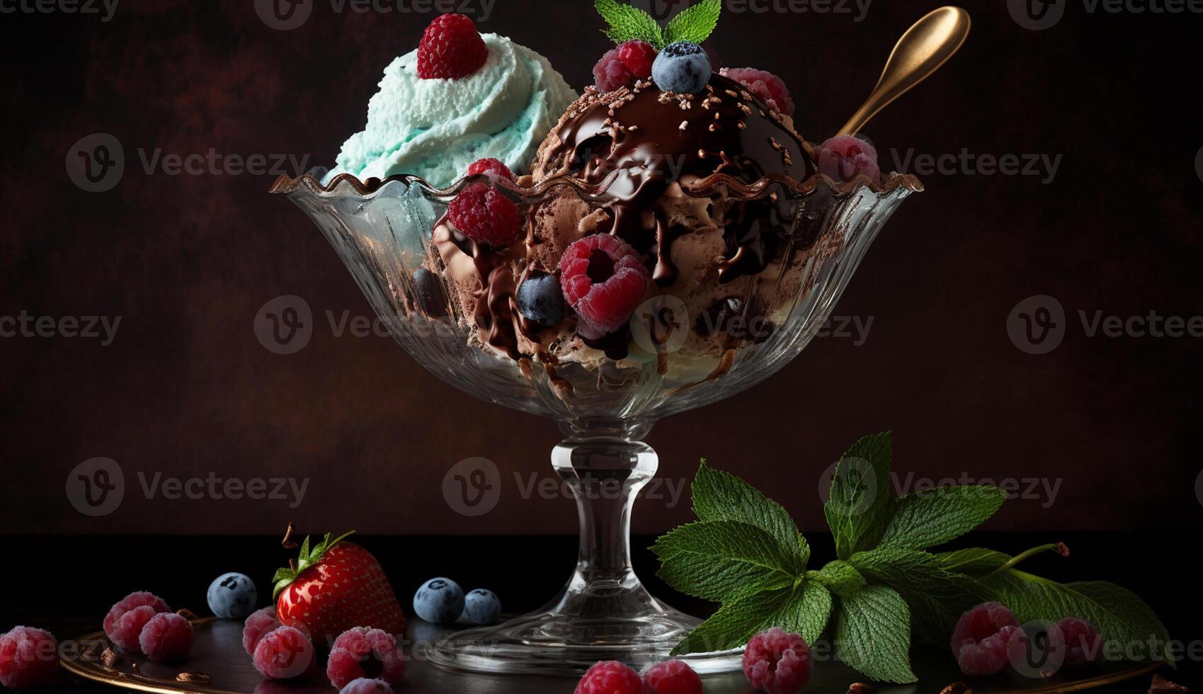 Frais baie fruit dessert sur en bois table avec menthe ,génératif ai photo