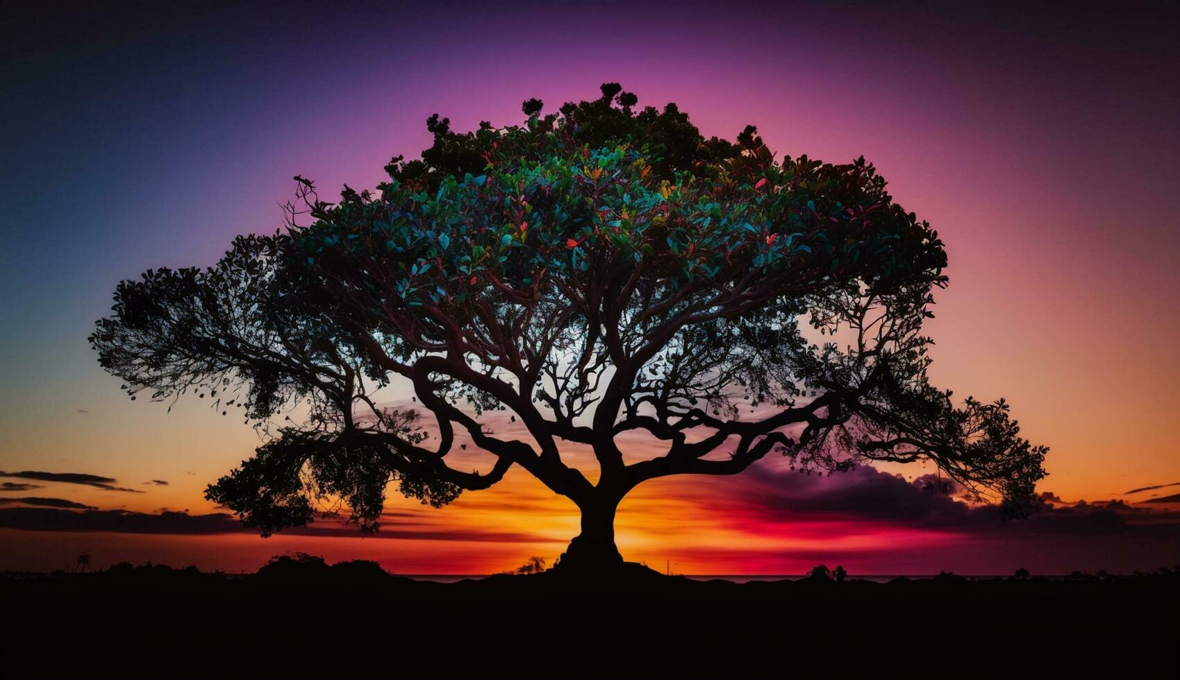 silhouette arbre contre multi coloré crépuscule ciel horizon généré par ai photo