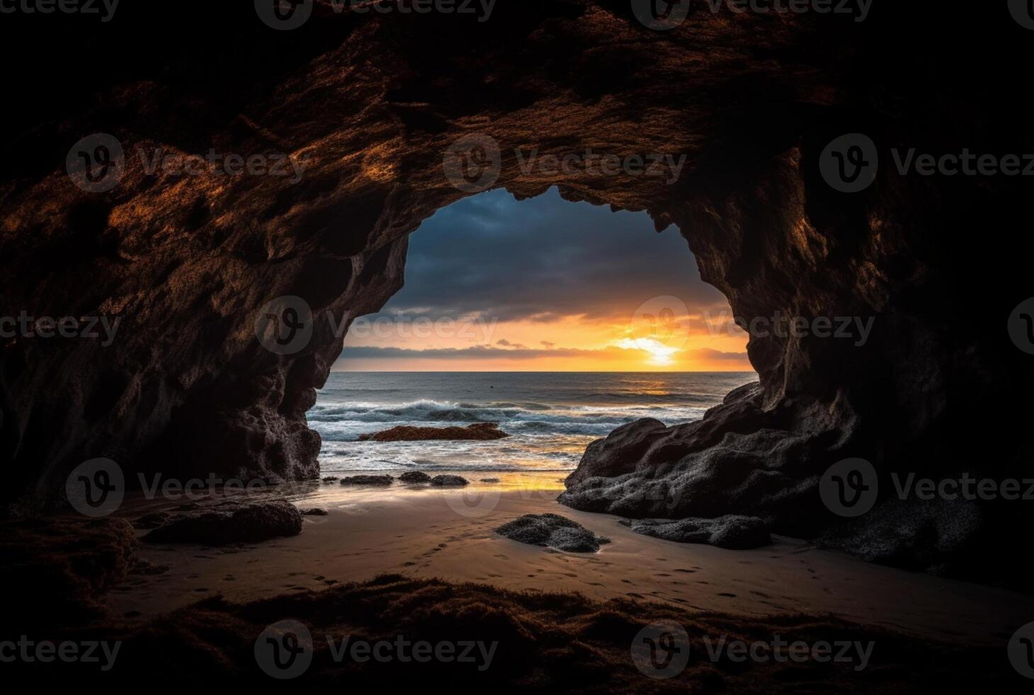 paysage vue de le beauté de le plage de à l'intérieur le grotte. génératif ai photo