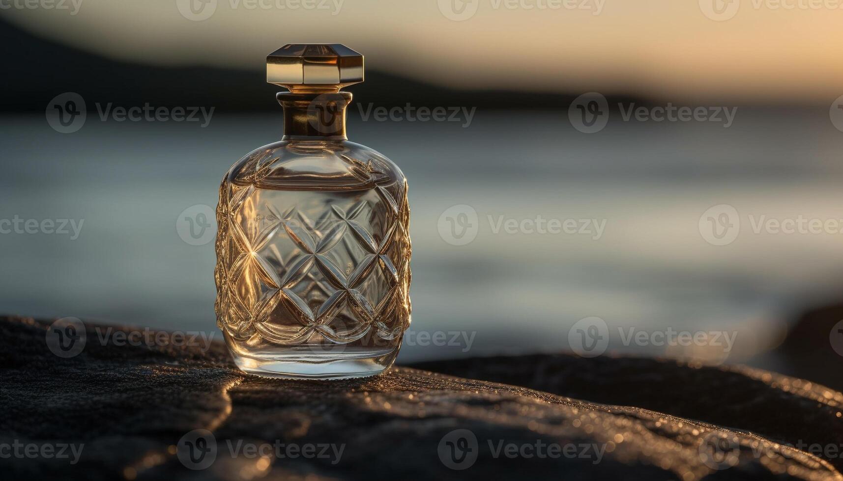 une luxueux whisky bouteille reflète le le coucher du soleil sur une table généré par ai photo