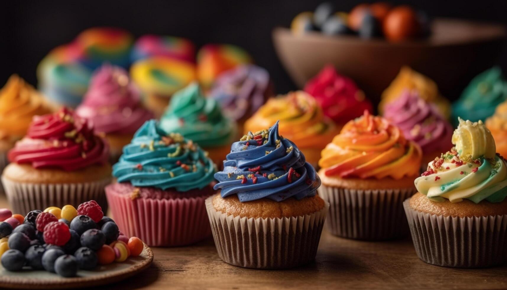 mignonne Fée cuit au four fait maison myrtille muffins avec rose glaçage décoration généré par ai photo