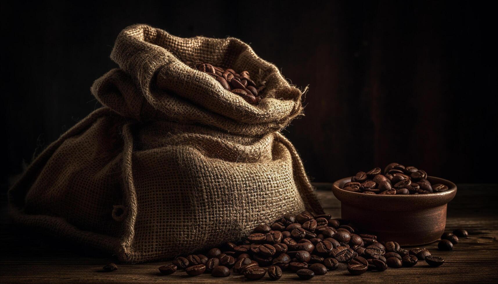 biologique café surgir dans toile de jute sac crée rustique encore la vie généré par ai photo