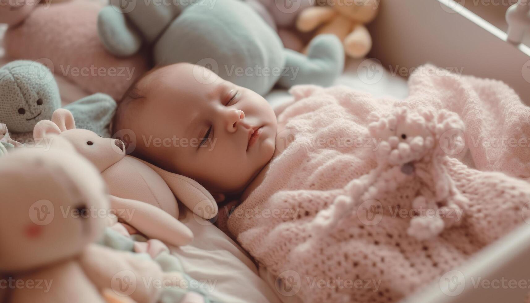 nouveau née bébé fille en train de dormir pacifiquement sur doux rose couverture à l'intérieur généré par ai photo