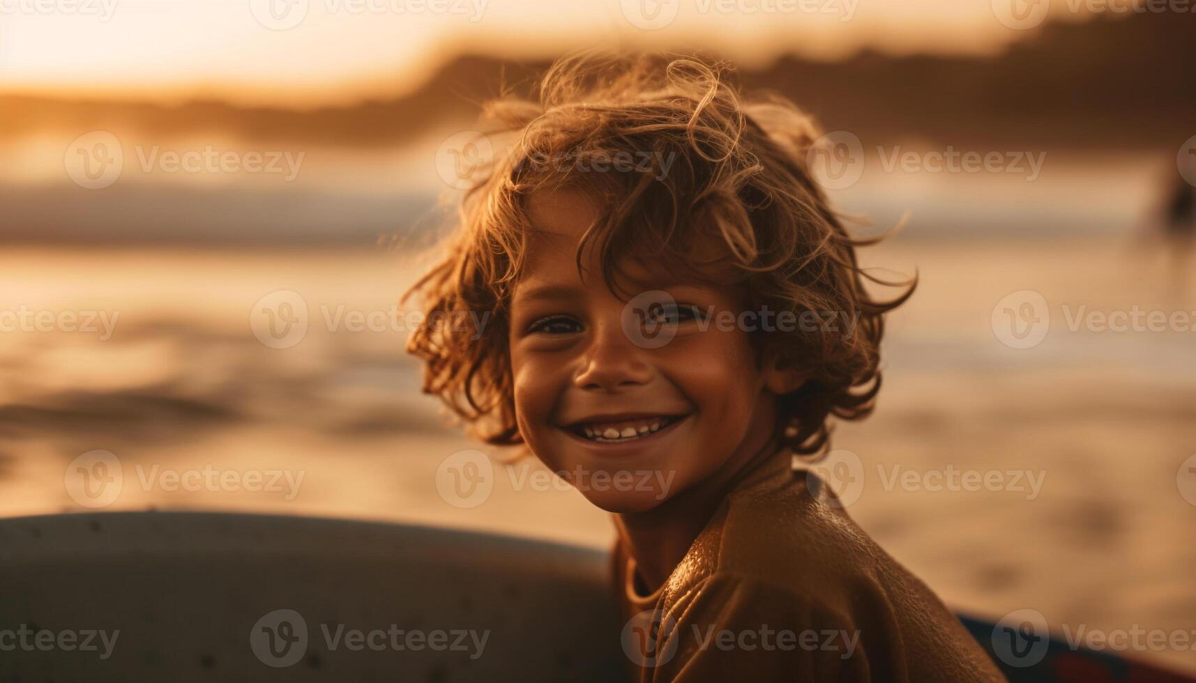 une insouciant garçon avec une à pleines dents sourire jouit surfant à le coucher du soleil généré par ai photo