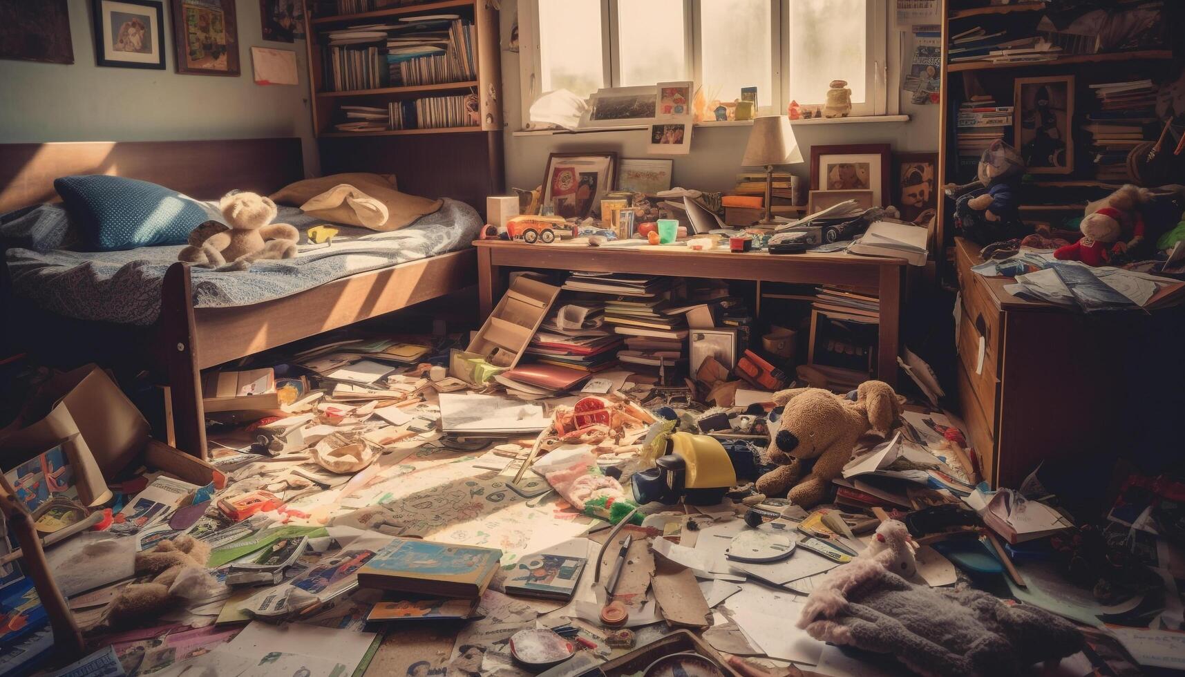 Créatif le chaos dans une désordonné chambre une moderne enfance imagination généré par ai photo