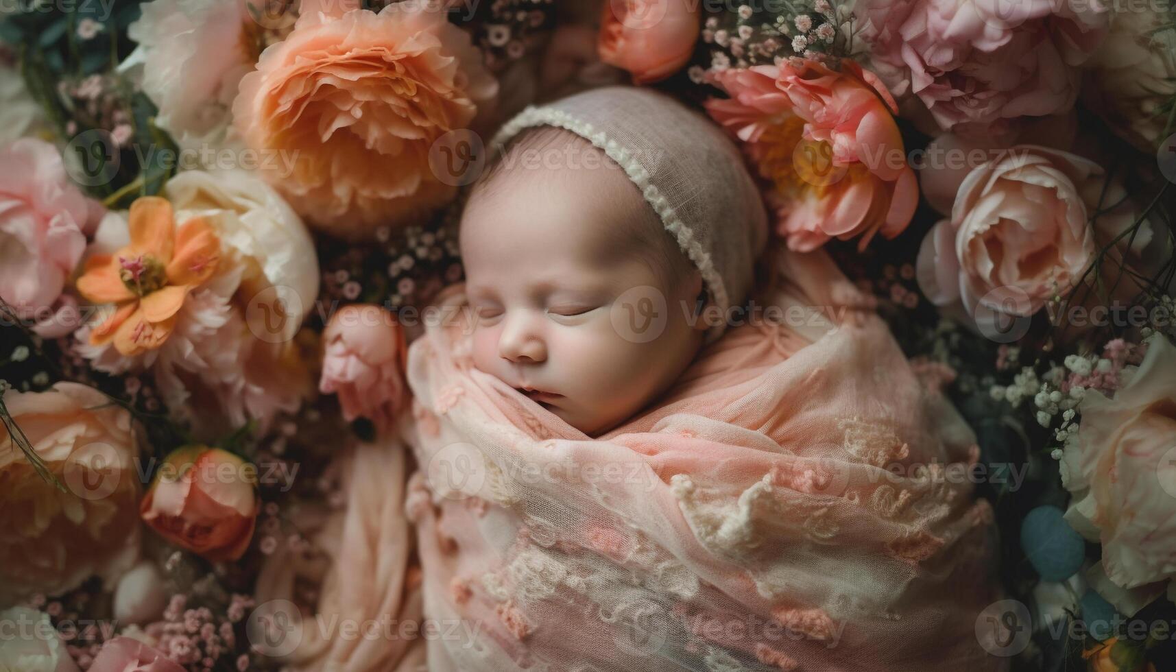 une nouveau née cadeau de joie, en train de dormir pacifiquement dans la nature embrasse généré par ai photo