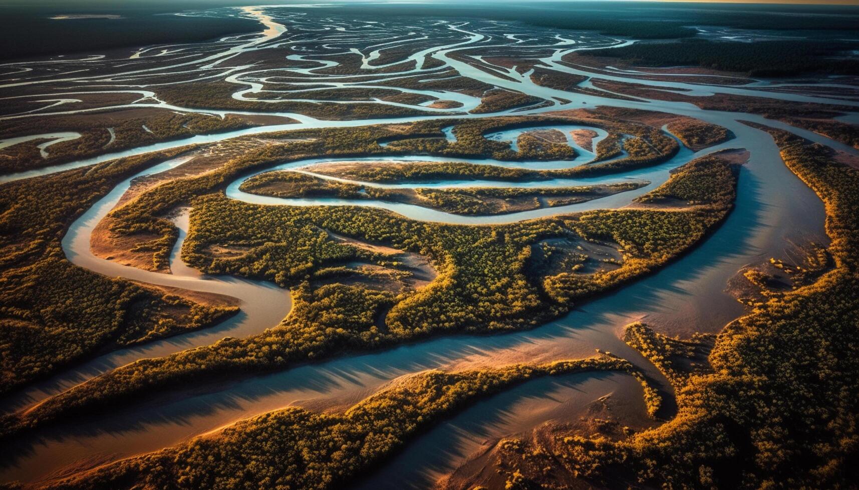 aérien vue de le idyllique littoral, vagues reflétant le coucher du soleil beauté généré par ai photo