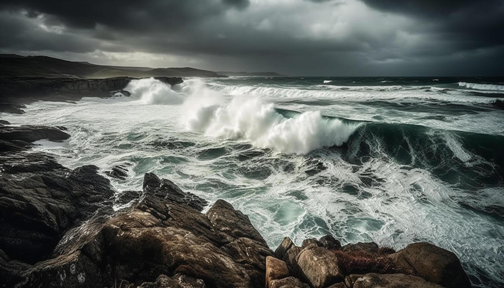 rupture vagues crash contre rocheux littoral, une spectaculaire paysage marin beauté généré par ai photo