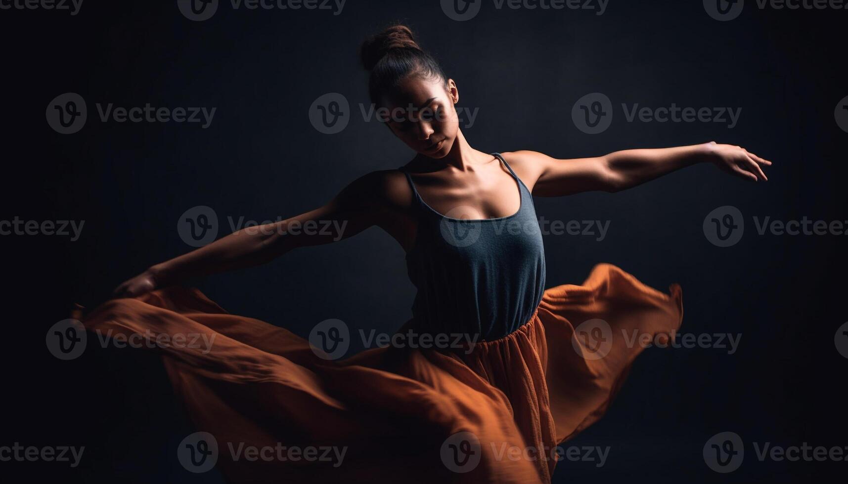 un Jeune femme, une ballet Danseur, effectue avec élégance et la grâce généré par ai photo