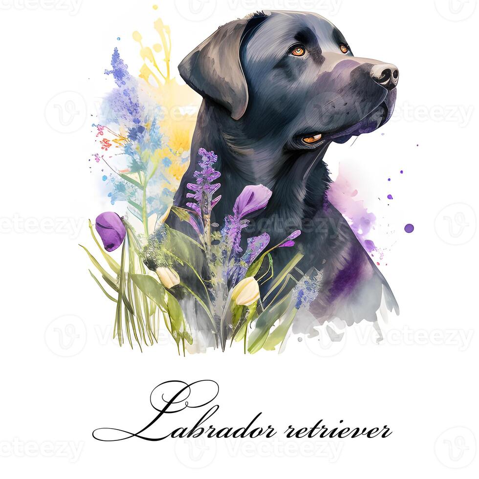 aquarelle illustration de une Célibataire chien race noir Labrador retriever avec fleurs. ai généré. chien portrait. photo