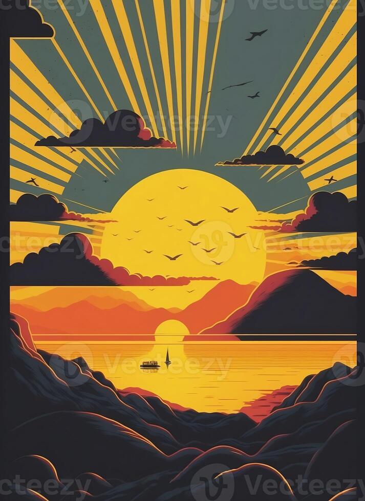 rétro affiche de une paysage marin avec vagues, mouettes et des nuages. lever du soleil et le coucher du soleil. impression maison. Contexte pour affiche, bannière. ai généré photo