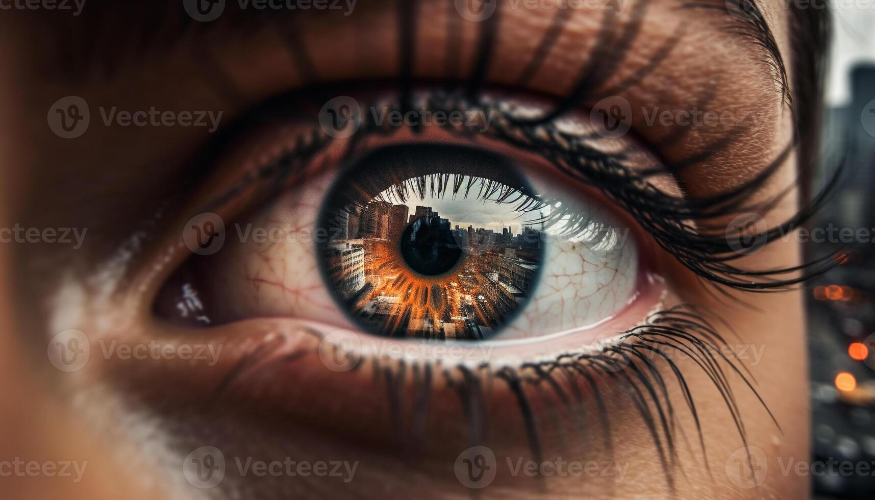 proche en haut de un femme magnifique bleu iris regarder à caméra généré par ai photo