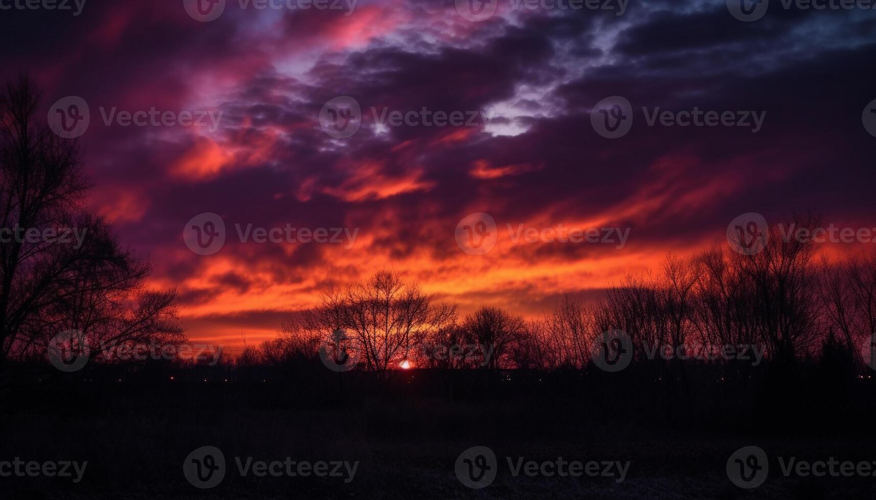 silhouette arbre retour allumé par vibrant le coucher du soleil généré par ai photo