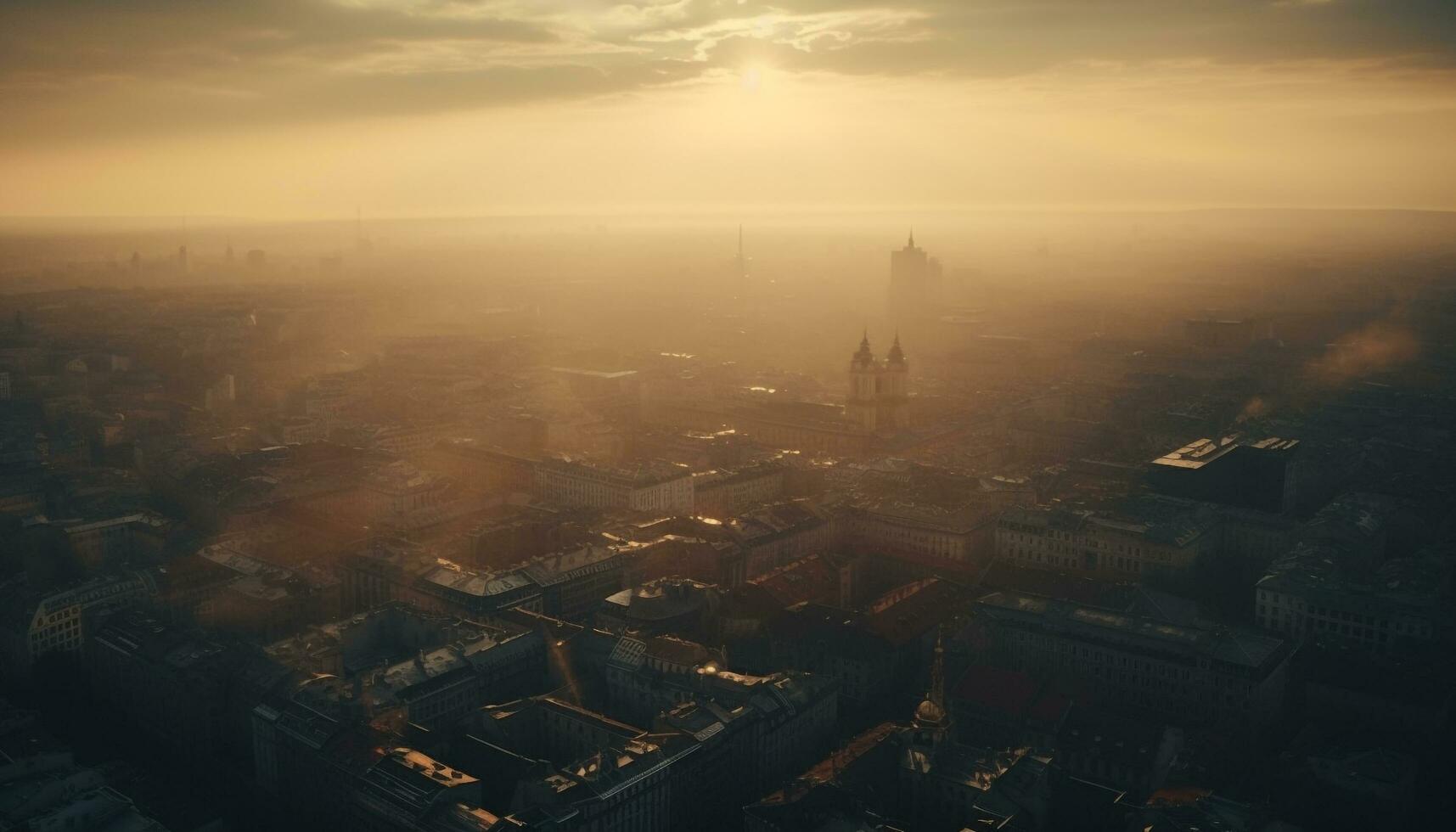 médiéval ville horizon illuminé par le coucher du soleil lueur généré par ai photo