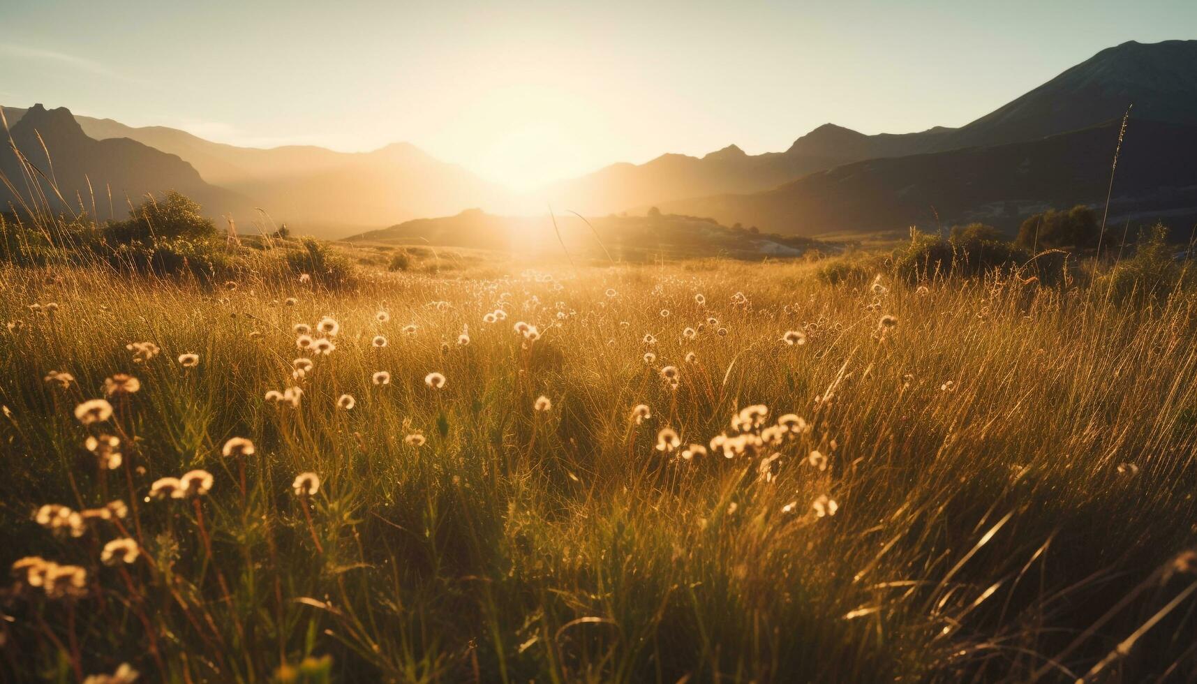 le coucher du soleil plus de prairie, Montagne intervalle dans Contexte généré par ai photo