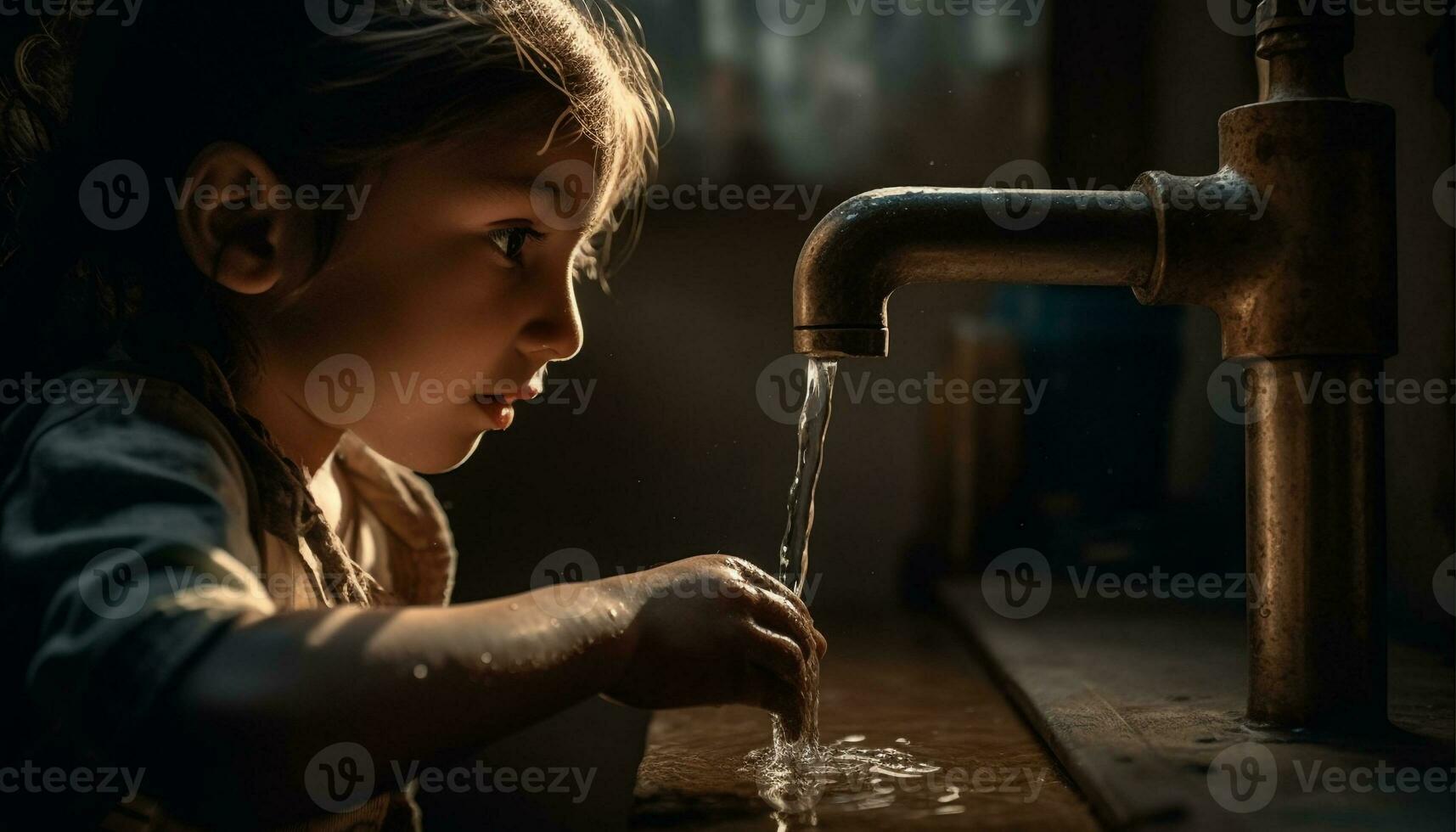 Jeune fille en buvant Frais l'eau de robinet généré par ai photo