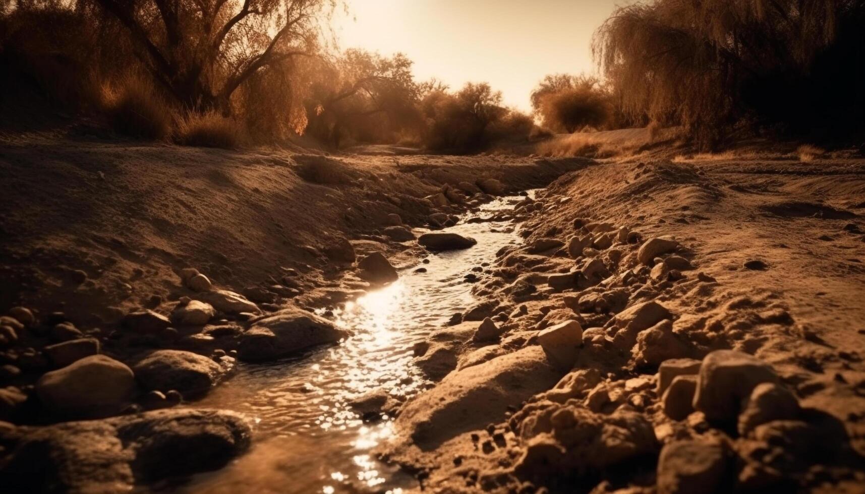 tranquille le coucher du soleil plus de humide forêt reflète beauté généré par ai photo