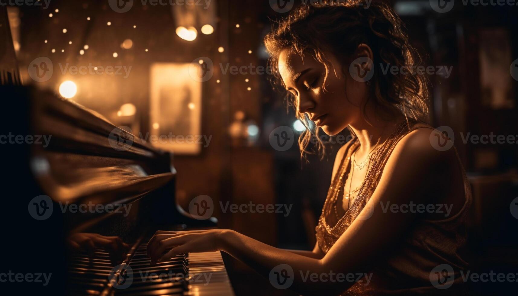 Jeune femme pratiquant piano, concentration et joie généré par ai photo