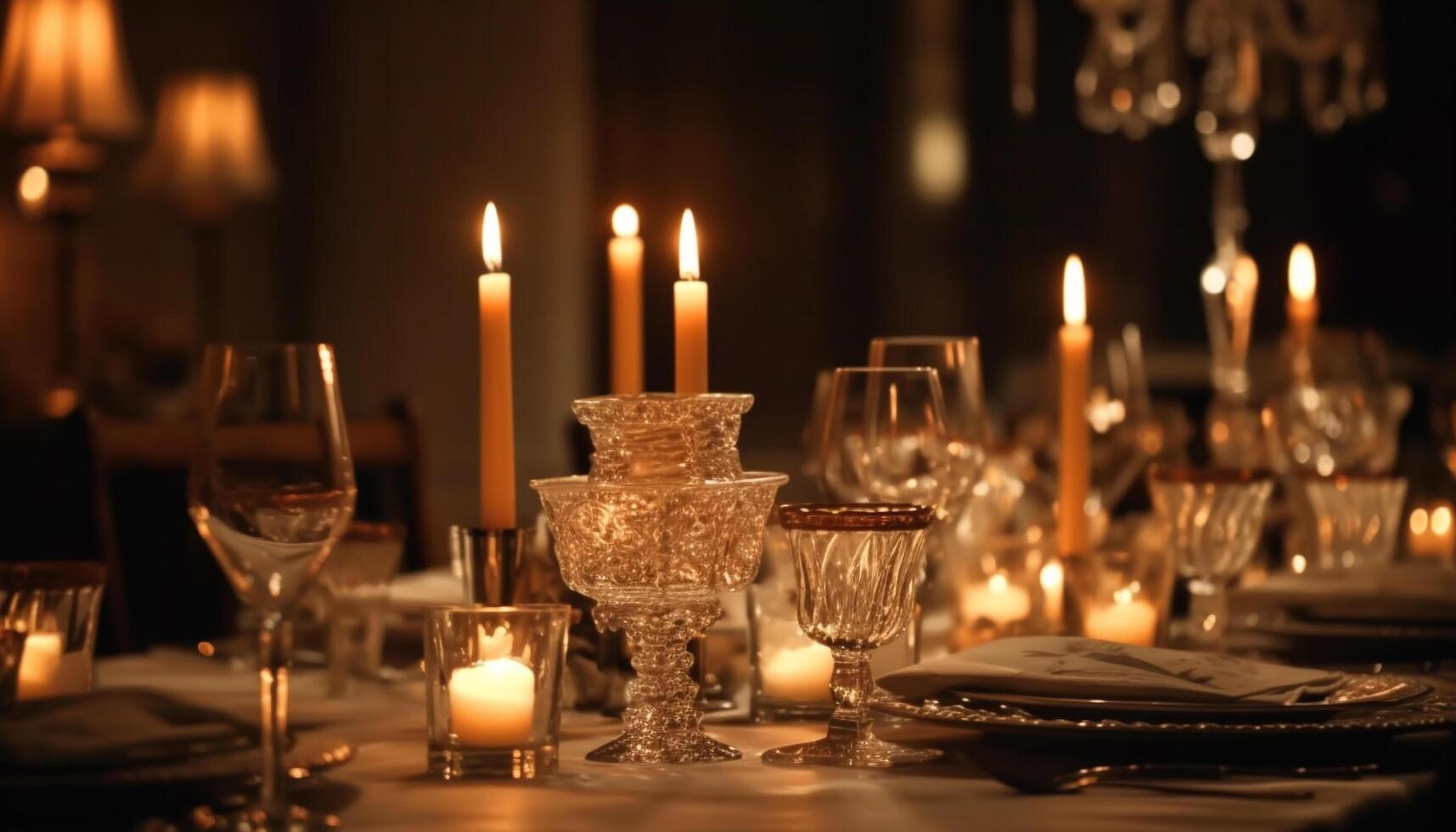 luxe aux chandelles fête sur élégant à manger table généré par ai photo