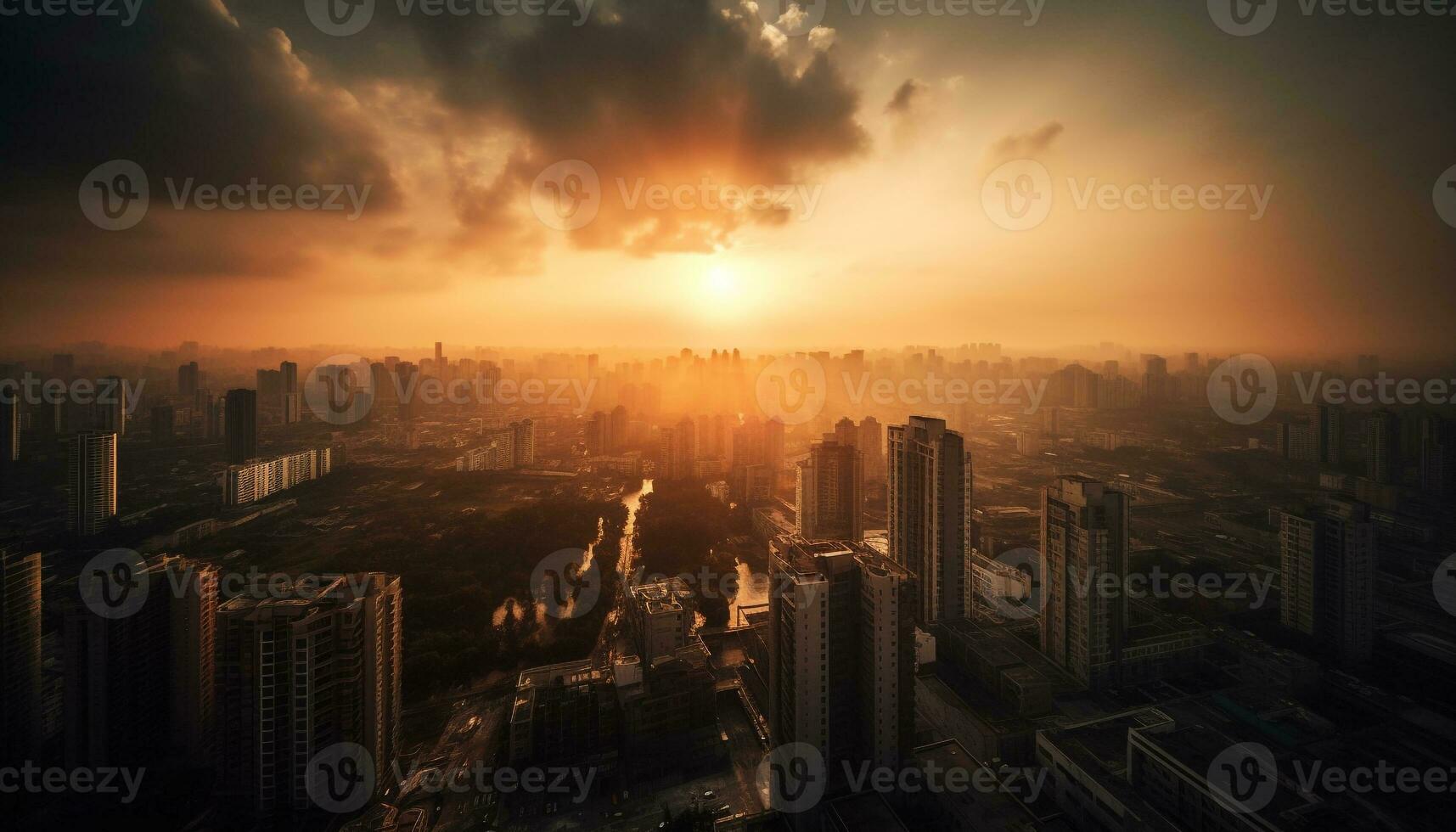 illuminé grattes ciels lueur dans ville horizon à crépuscule généré par ai photo