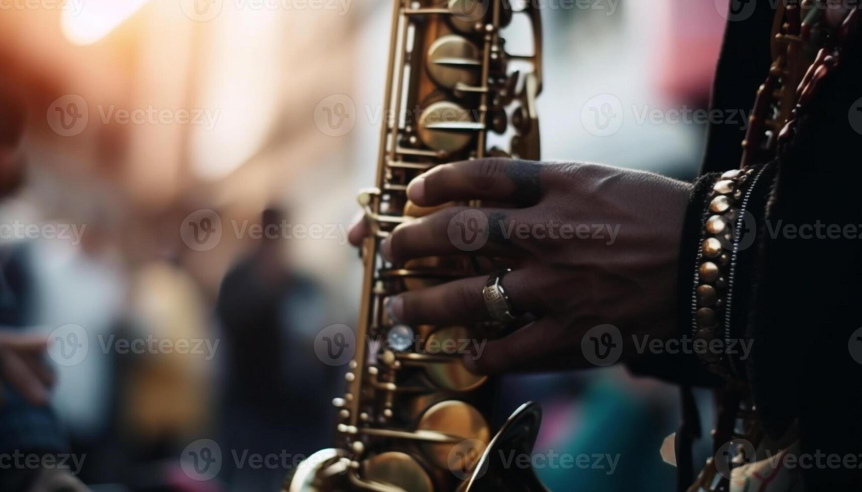 le saxophoniste coups laiton pour Extérieur Roche concert généré par ai photo