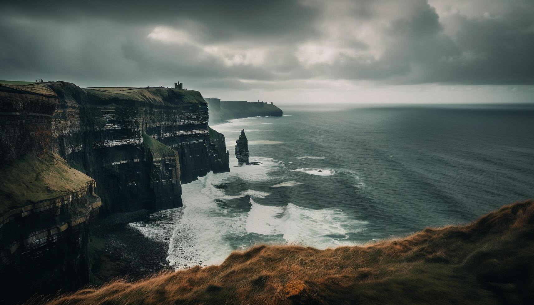 majestueux vue de érodé grès falaises à le coucher du soleil généré par ai photo