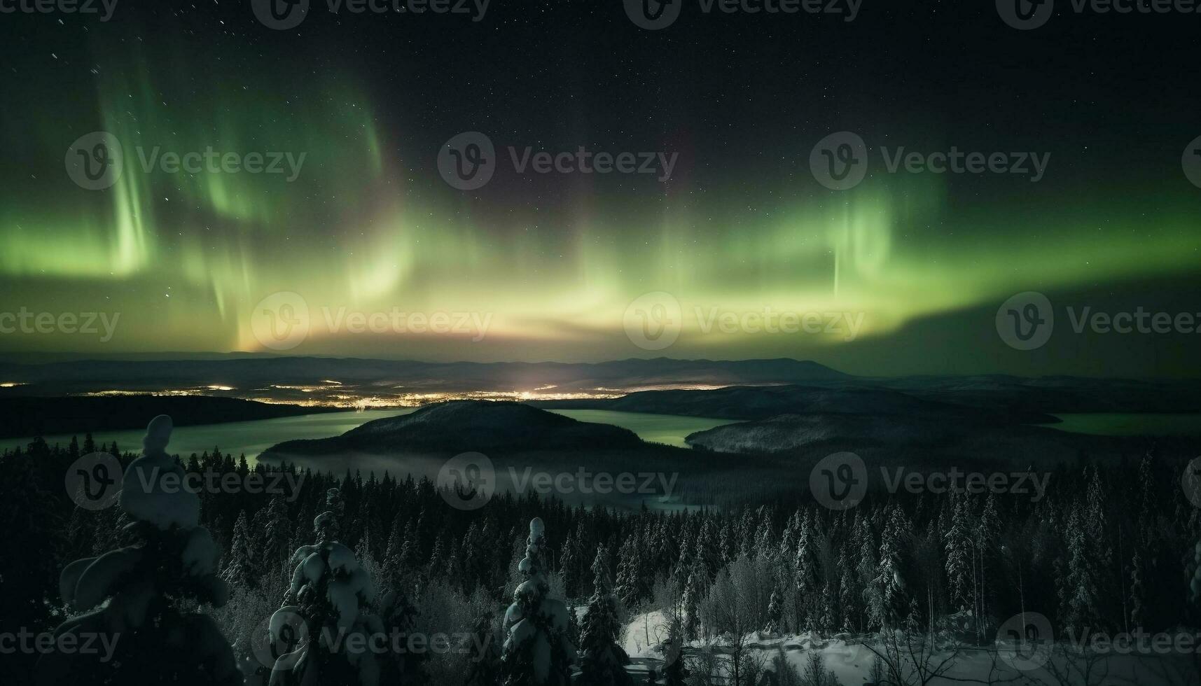 majestueux montagnes illuminé par aurore polaris à nuit généré par ai photo
