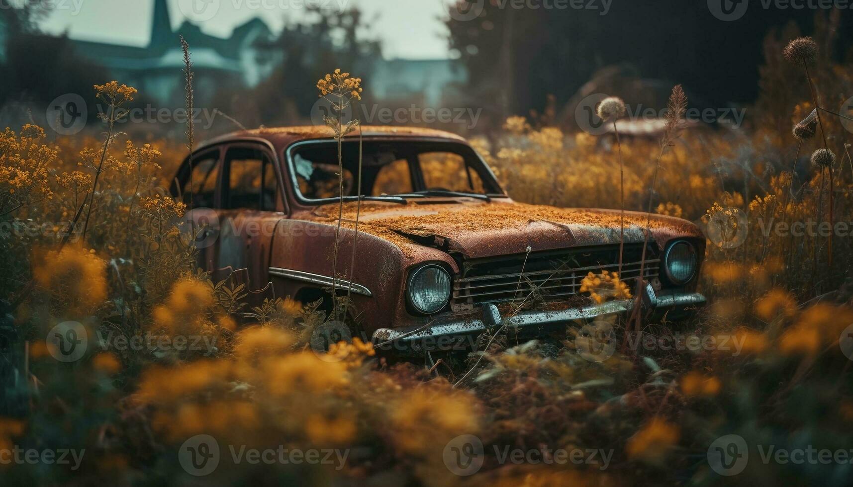 rouillé ancien voiture abandonné dans rural forêt généré par ai photo