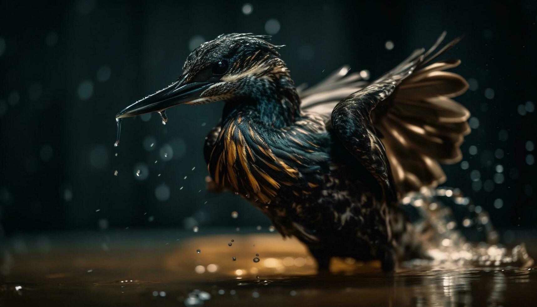 une cormoran se répand ailes réfléchi dans l'eau généré par ai photo