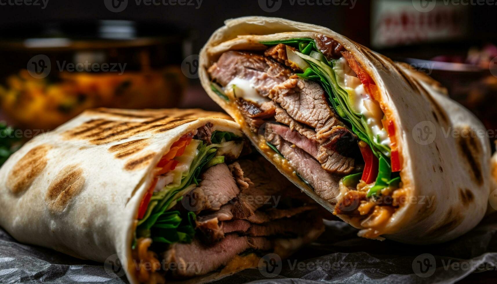 grillé du boeuf sandwich sur pain ciabatta avec des légumes généré par ai photo