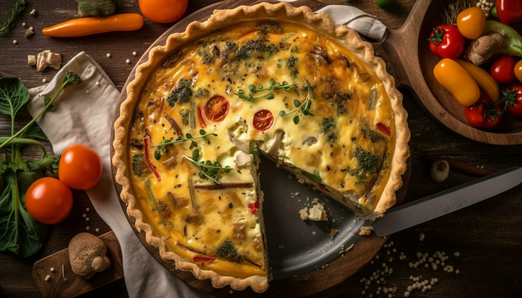 rustique Quiche cuit avec Frais légume tranches généré par ai photo