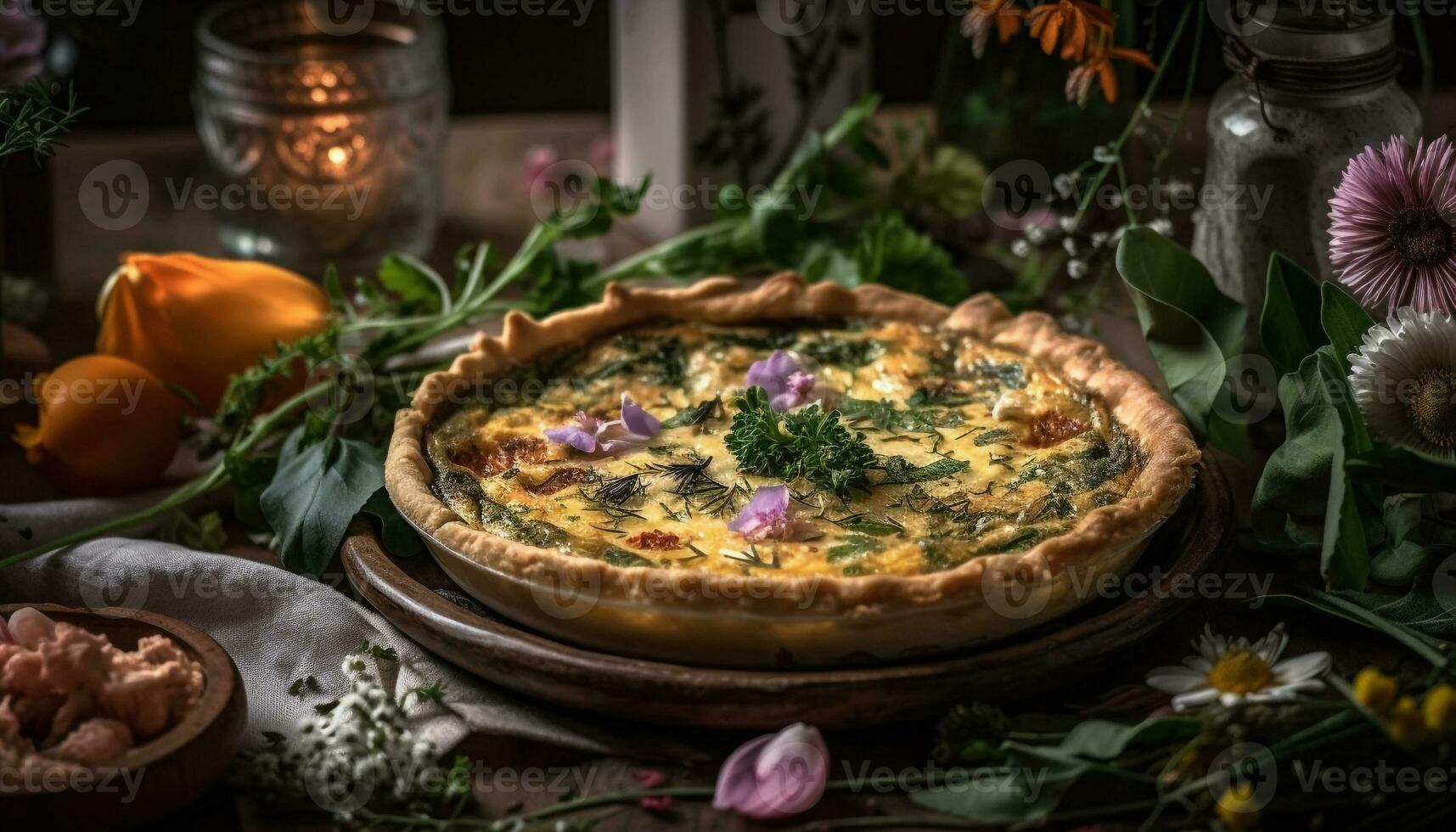 rustique fait maison Quiche cuit avec Frais des légumes généré par ai photo