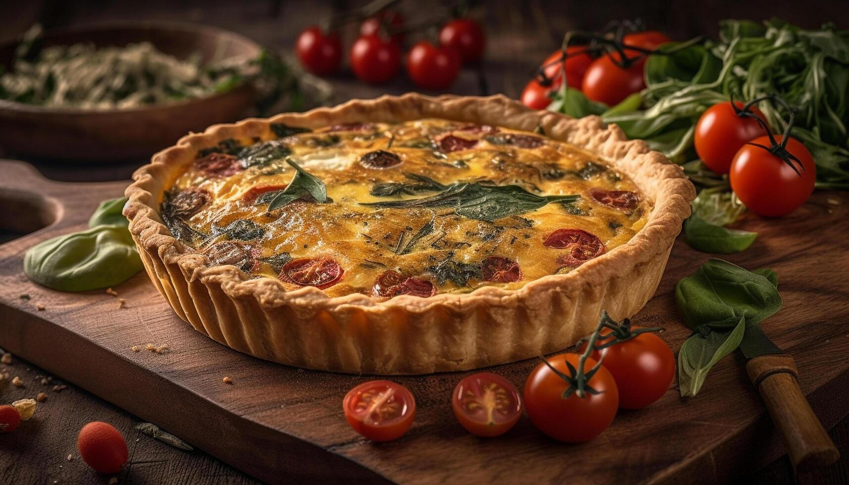 Frais fait maison Quiche sur rustique en bois table généré par ai photo