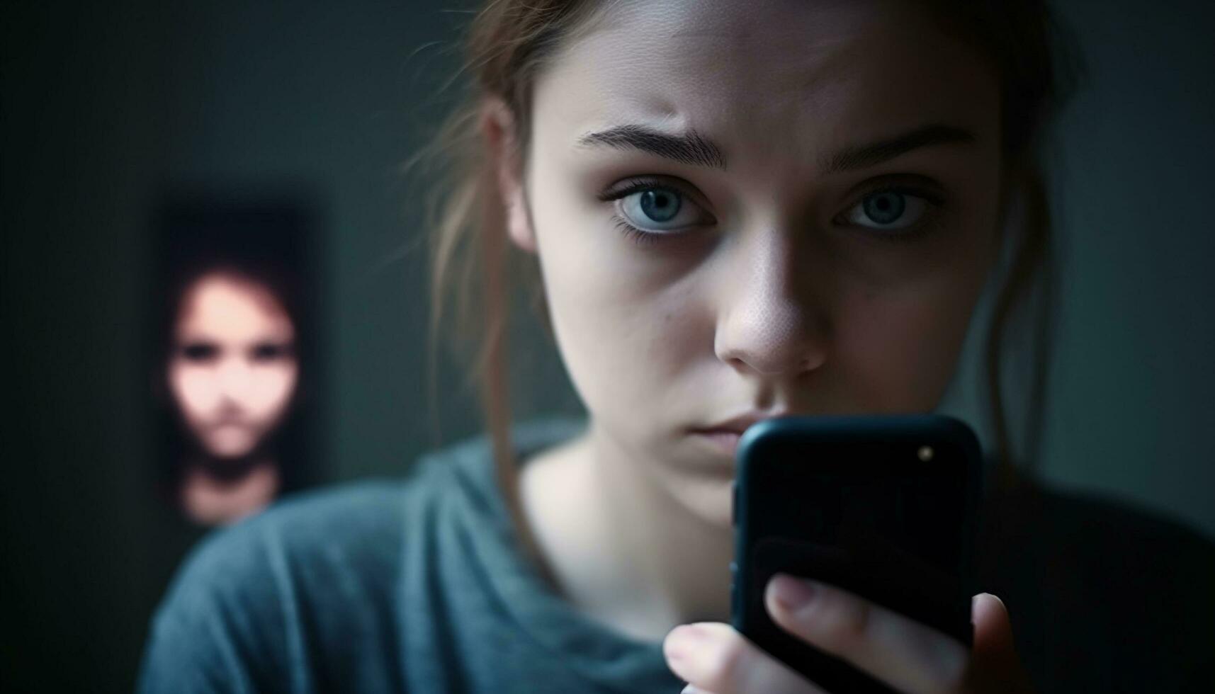 triste Jeune femme à la recherche à téléphone écran généré par ai photo