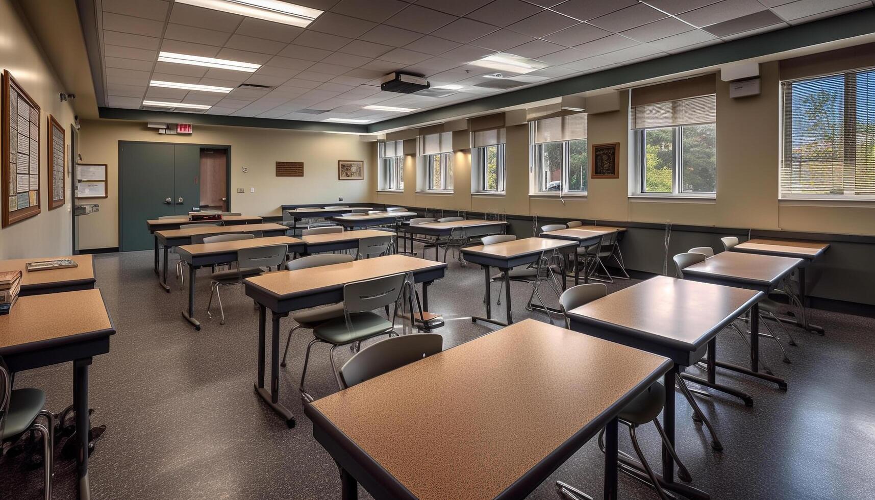 moderne salle de cours vide chaises, attendre pour élèves généré par ai photo