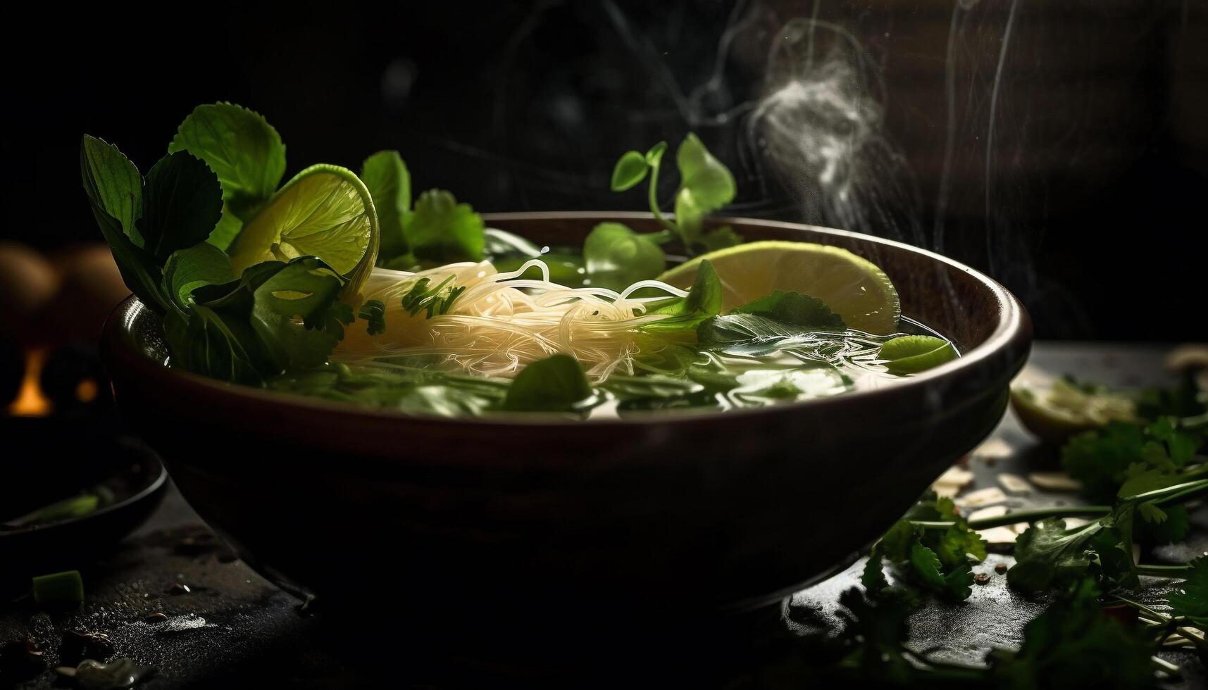 Frais végétarien soupe avec coriandre et citron vert généré par ai photo