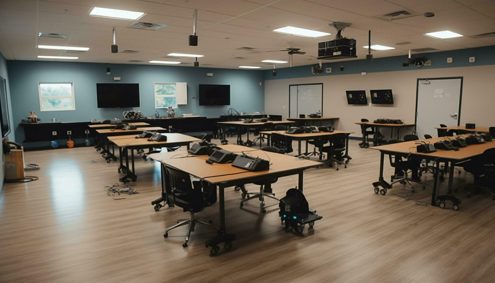 moderne salle de cours avec vide chaises et bureaux généré par ai photo