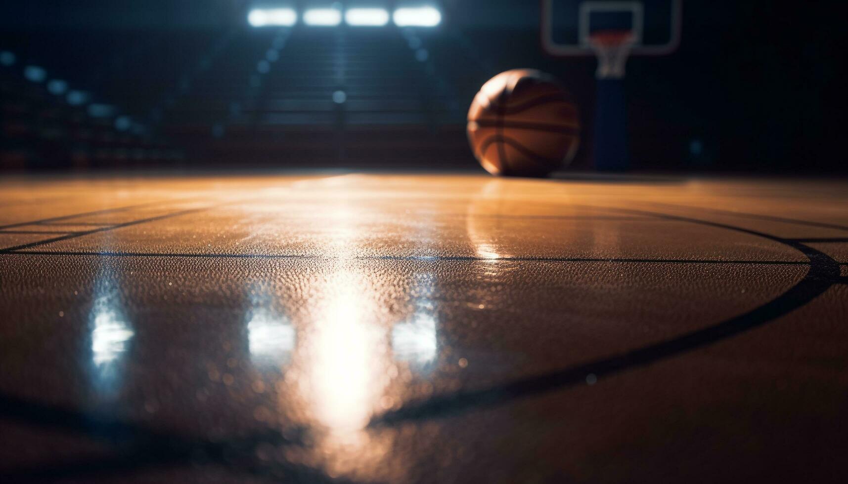 compétitif basketball Jeu en dessous de projecteur sur bois dur sol généré par ai photo