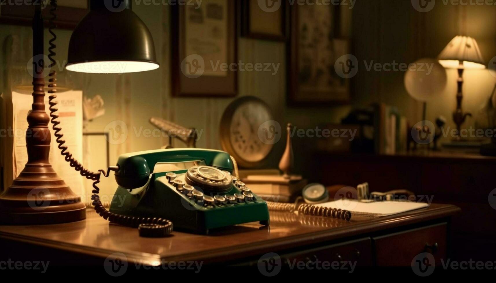 antique Téléphone sur en bois bureau, une nostalgique relique généré par ai photo