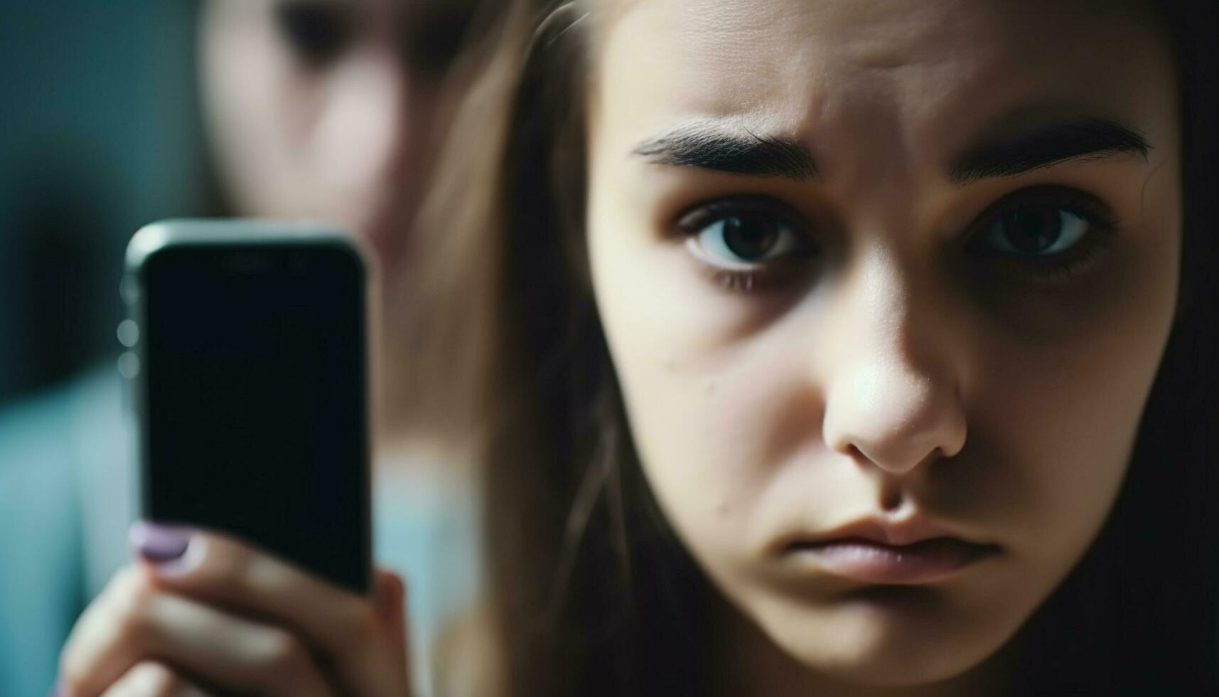 déprimé Jeune femme texte Messagerie sur téléphone en plein air généré par ai photo