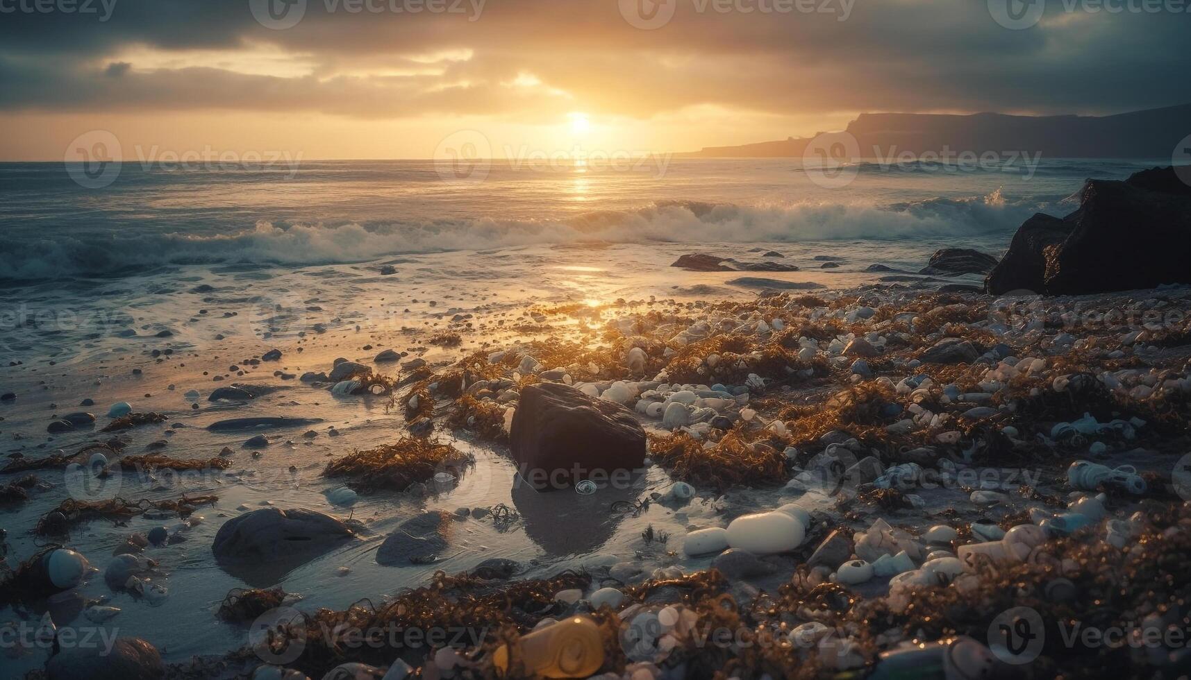 le coucher du soleil sur tranquille des eaux, horizon de beauté généré par ai photo