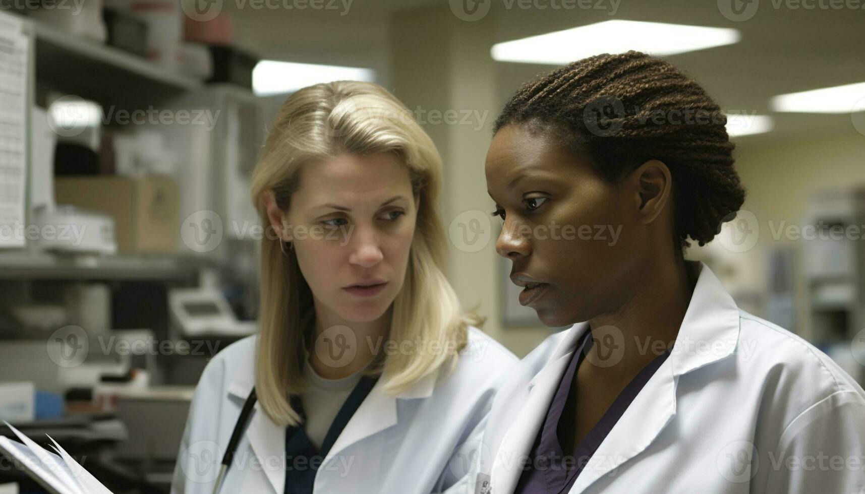 deux Jeune femmes dans laboratoire manteau travail ensemble généré par ai photo