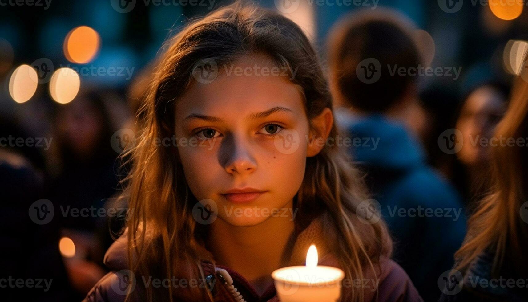 content caucasien enfant avec bougie fête en plein air généré par ai photo