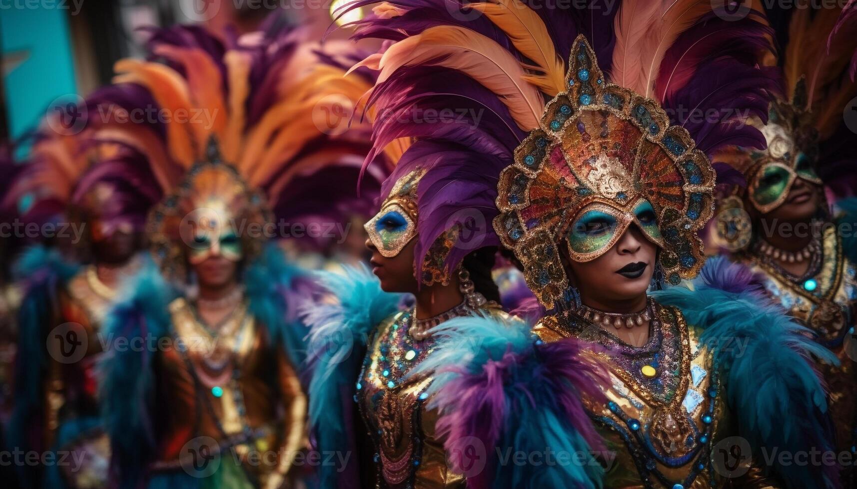 coloré carnaval parade, femmes et Hommes dansant généré par ai photo