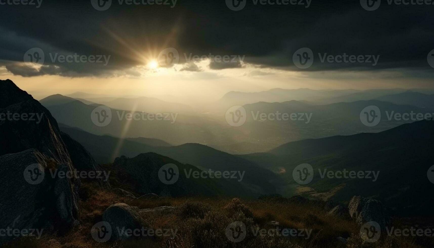 majestueux Montagne gamme, tranquille prairie, rétro-éclairé le coucher du soleil généré par ai photo